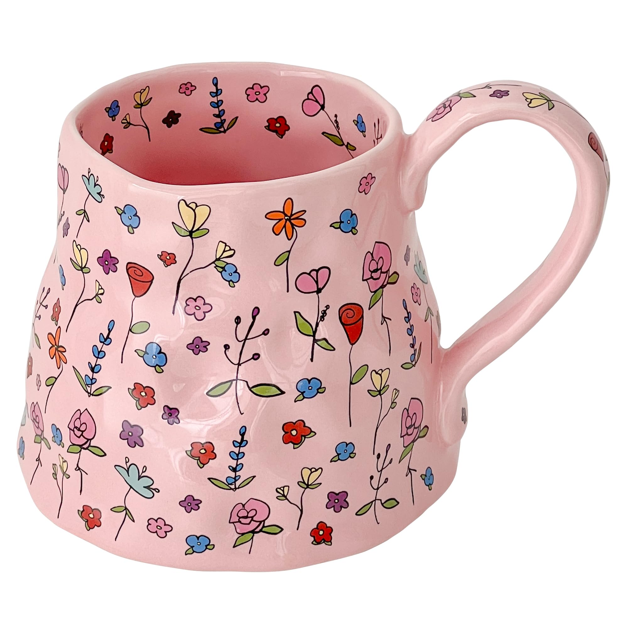 Large Ceramic Coffee Mug Pink Cute Flower with Handmade Big Handle, 20oz Girly Floral Tea Cup, Novelty Irregular Oversized Mugs