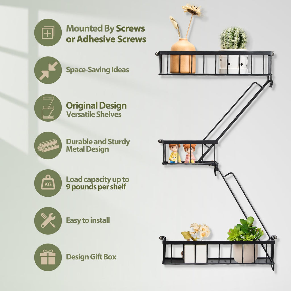 Fire Escape Shelf - Wall Decor Floating Shelves, Cute Metal Ladder Shelving for Bedroom, Home Decor Display (3-Tier)