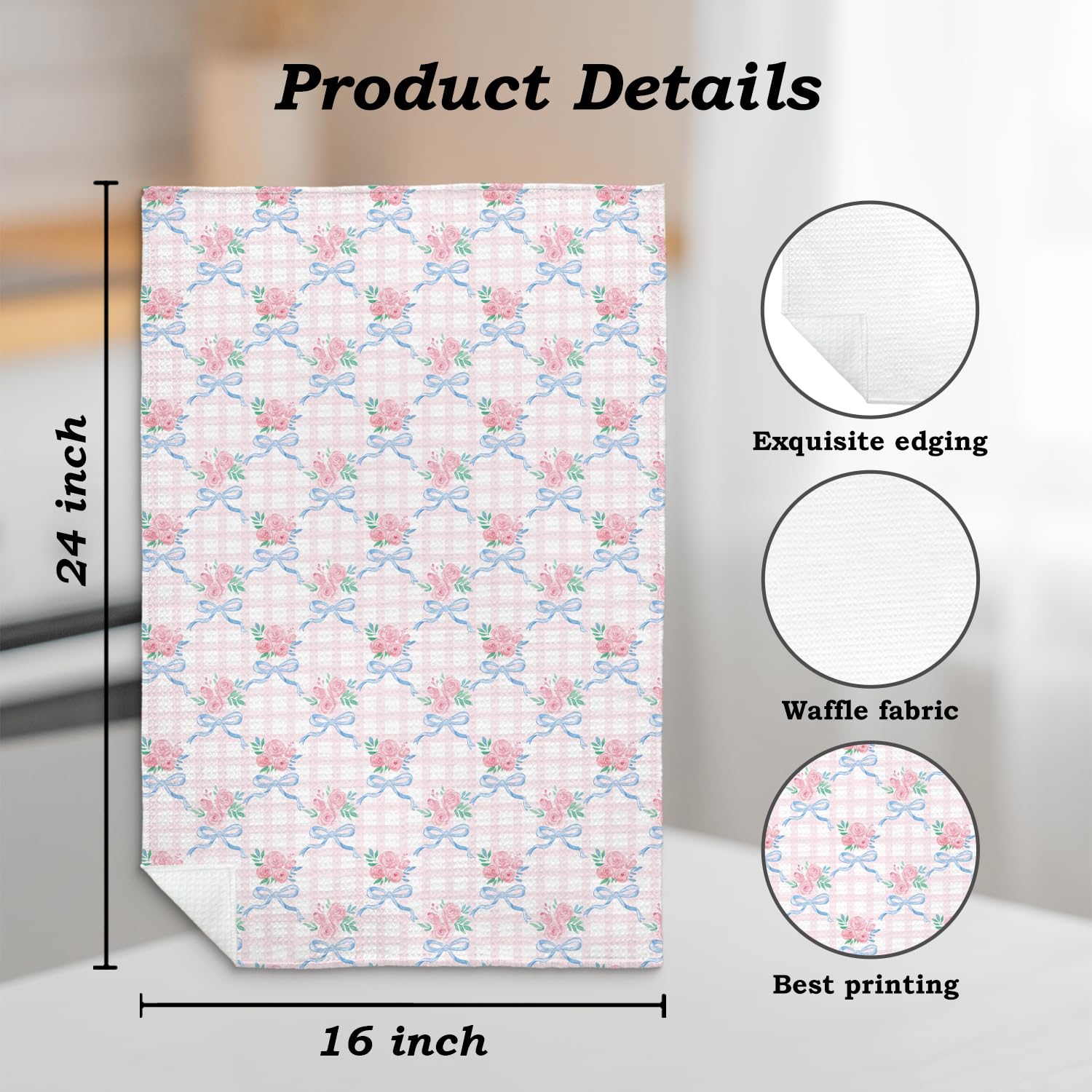 Coquette Bow Floral Kitchen Towel, Grandmillennial Pink Rose Flower Gingham Hand Towel for Bathroom, Pink and White Checkered Dish Tea Towel, 16x24 Inch