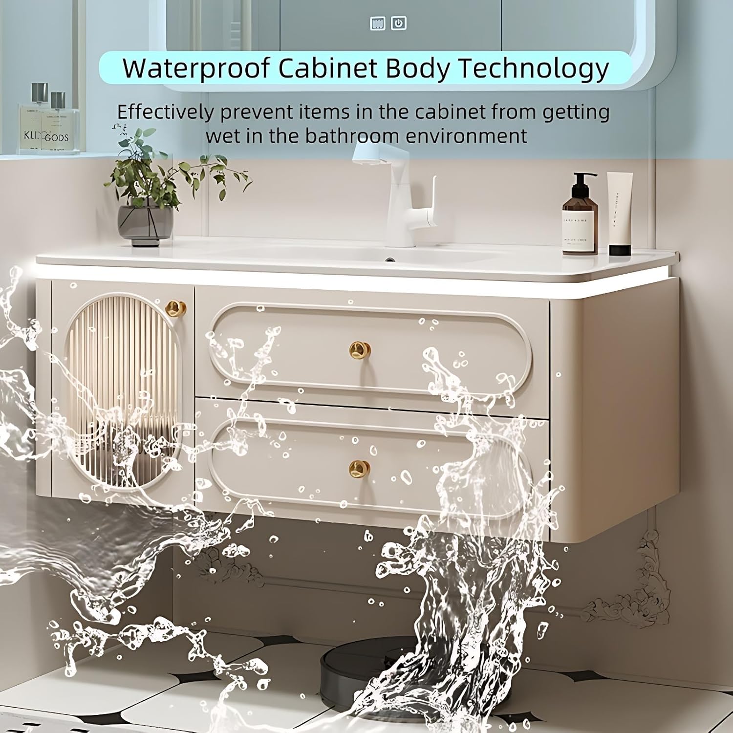 Wall-Mounted Bathroom Vanity Set - Included Single Sink, Contemporary Bathroom Vanity Featuring an Intelligent LED Defogging Mirror Cabinet & Ample Storage, Solid Wood Construction