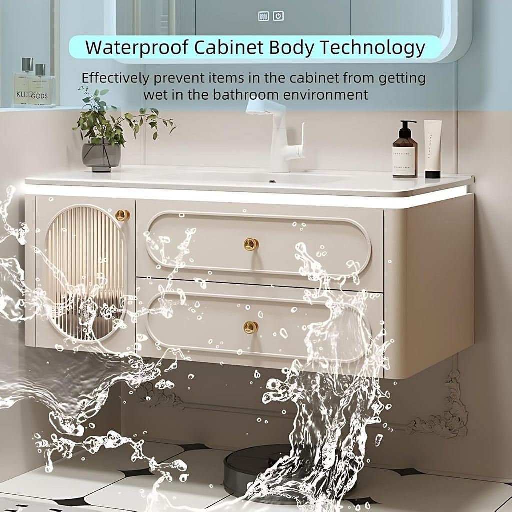 Wall-Mounted Bathroom Vanity Set - Included Single Sink, Contemporary Bathroom Vanity Featuring an Intelligent LED Defogging Mirror Cabinet & Ample Storage, Solid Wood Construction