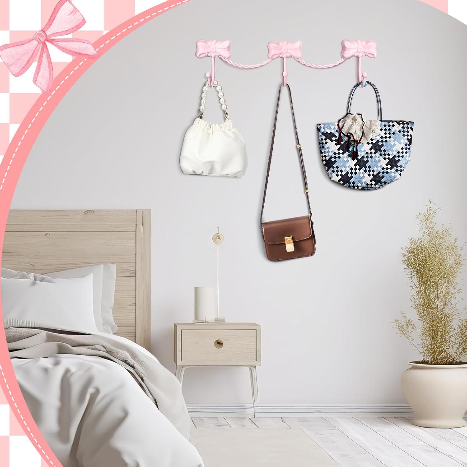 Pink Bow Wall Hooks Hanger for Towel Bag Coat Coquette Pink Bow Wall Decorative with Three Hooks Iron for Living Room Bathroom Bedroom Shower
