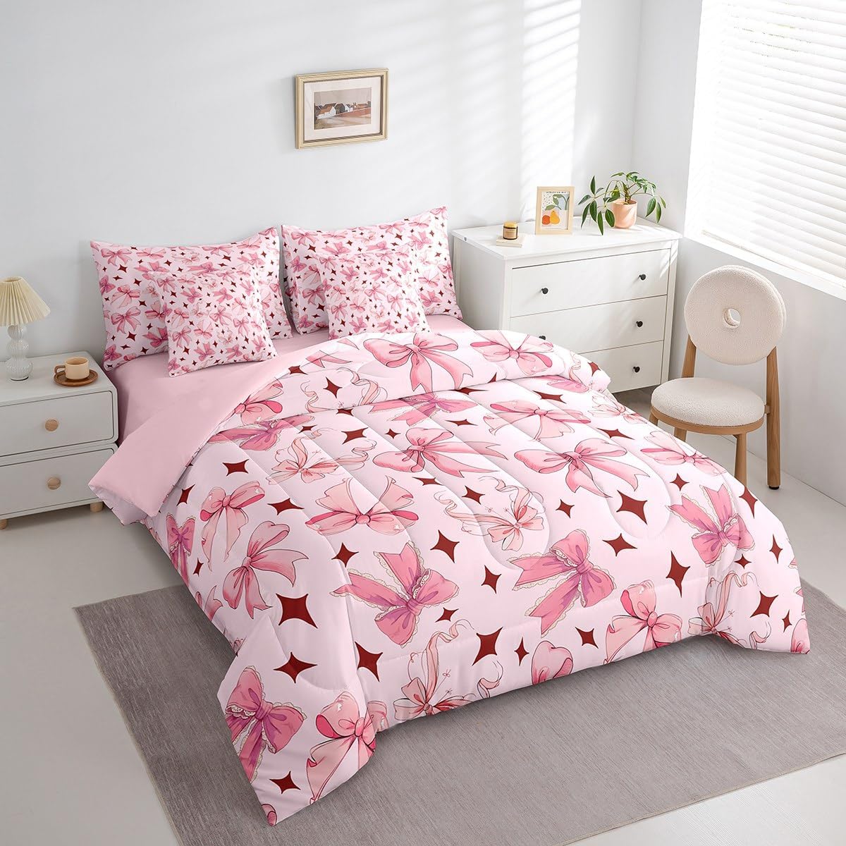 Princess Style Pink Bowknot Comforter Bedding Set, Bow Tie Pink White Dreamy Fairy Tale Bow (Comforter+Fitted+Flat Sheet+2 Pillowcases+2 Throw Pillow Covers) 7 Pieces Bed Set