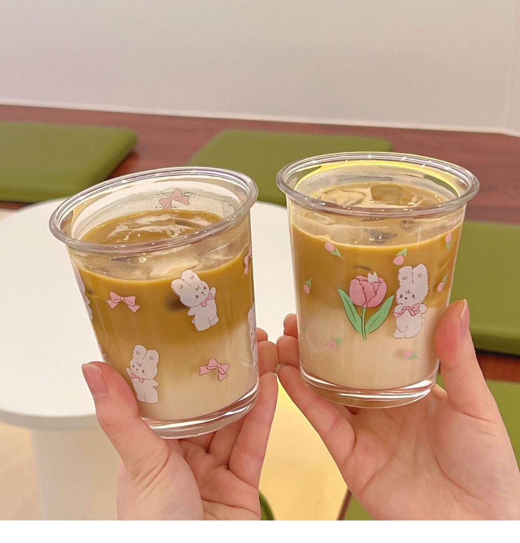 Set of 2 12 oz French Drinking Glasses Floral Juice Cup Cute Rabbit Bow Glass Cups