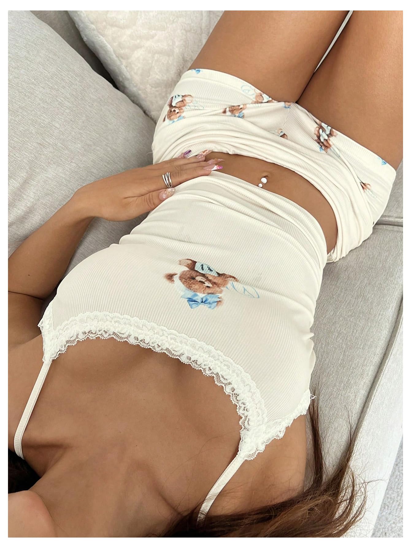 Women's 2 Piece Cute Pajama Set Cartoon Print Ruched Cami Crop Tops and Shorts Lounge Sets