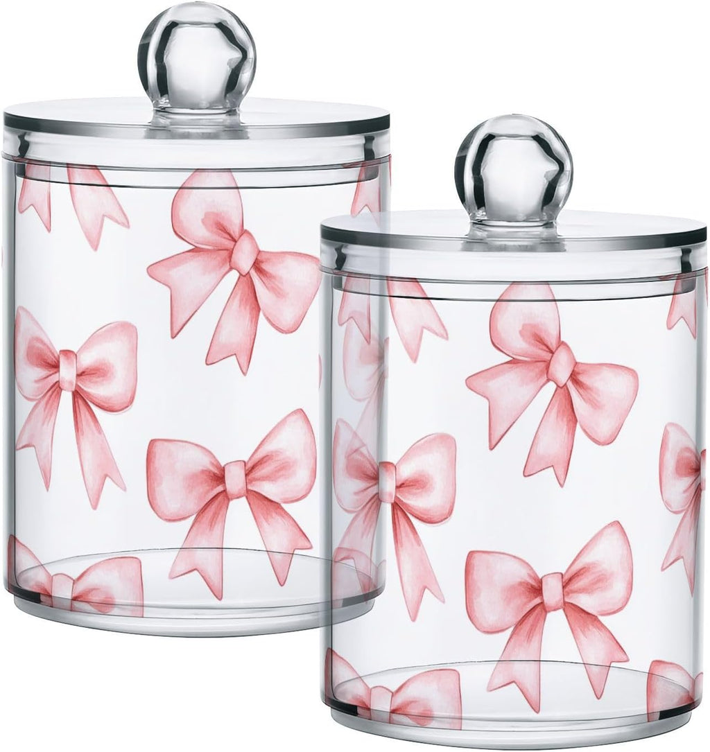 Pink Bow-knot, Cotton Swab Dispenser with Lid Bathroom Containers Canister Organizer Storage Jar 2 Pack