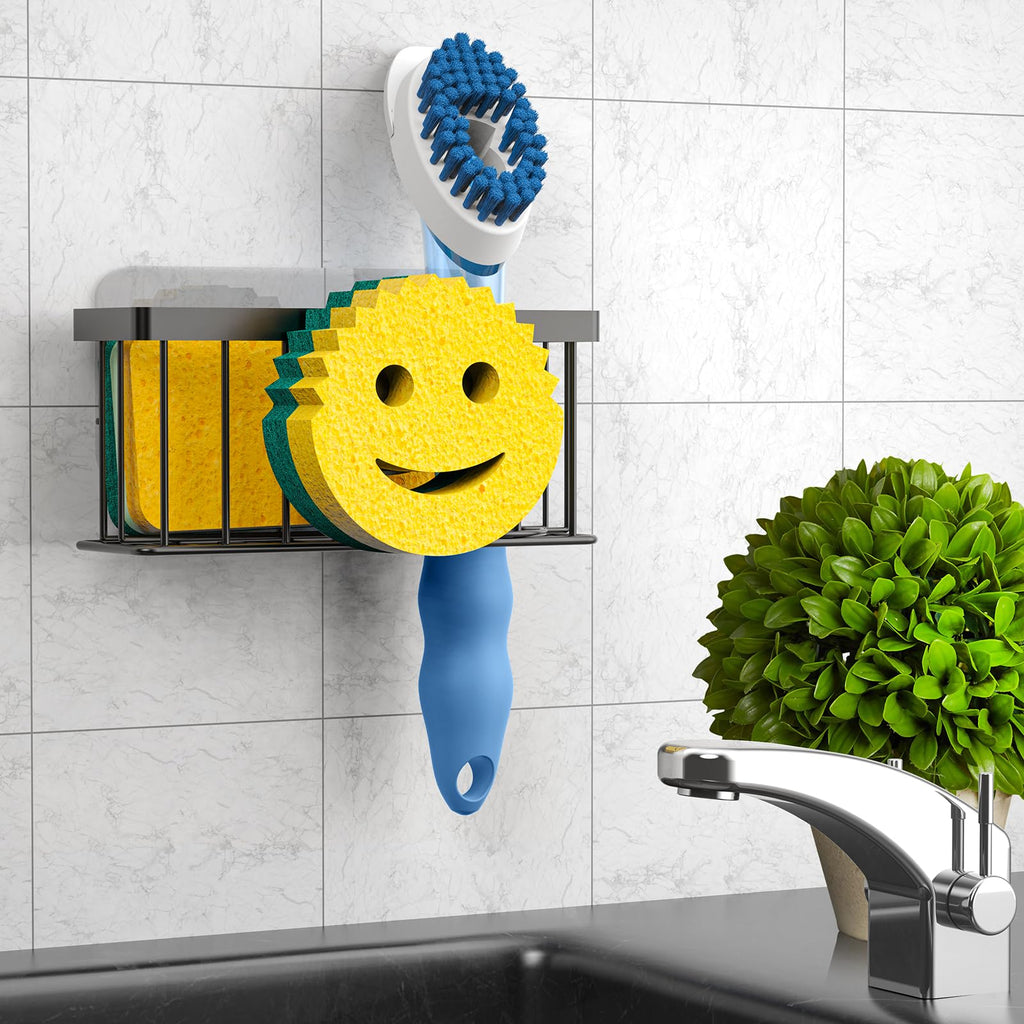 Sponge Holder Smiley Face, Sink Caddy for Kitchen Organizer Sponge Holder with 2 PCS Suction Cups/1 PCS Adhesive Strips