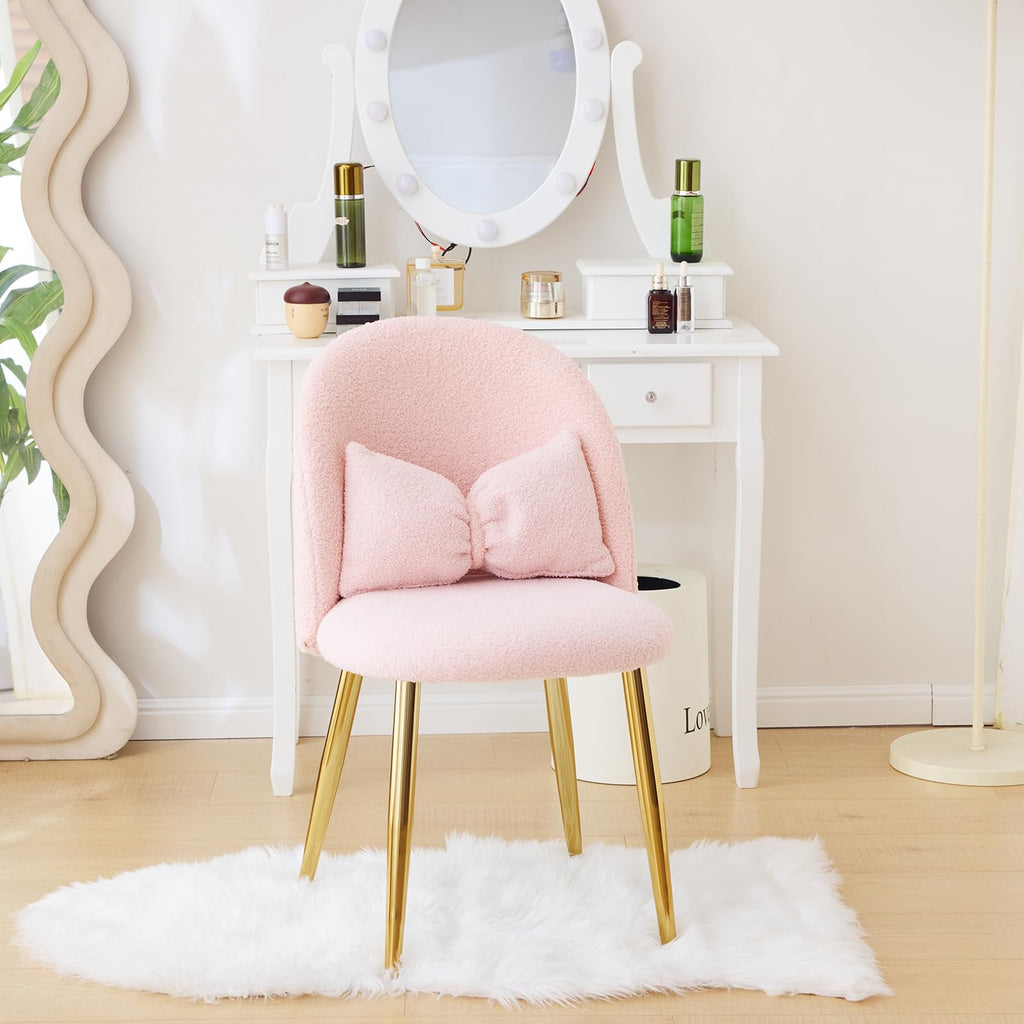 Cute, non-wheeled desk chair with backrest, fluffy cushion, cozy makeup chair with adjustable golden legs