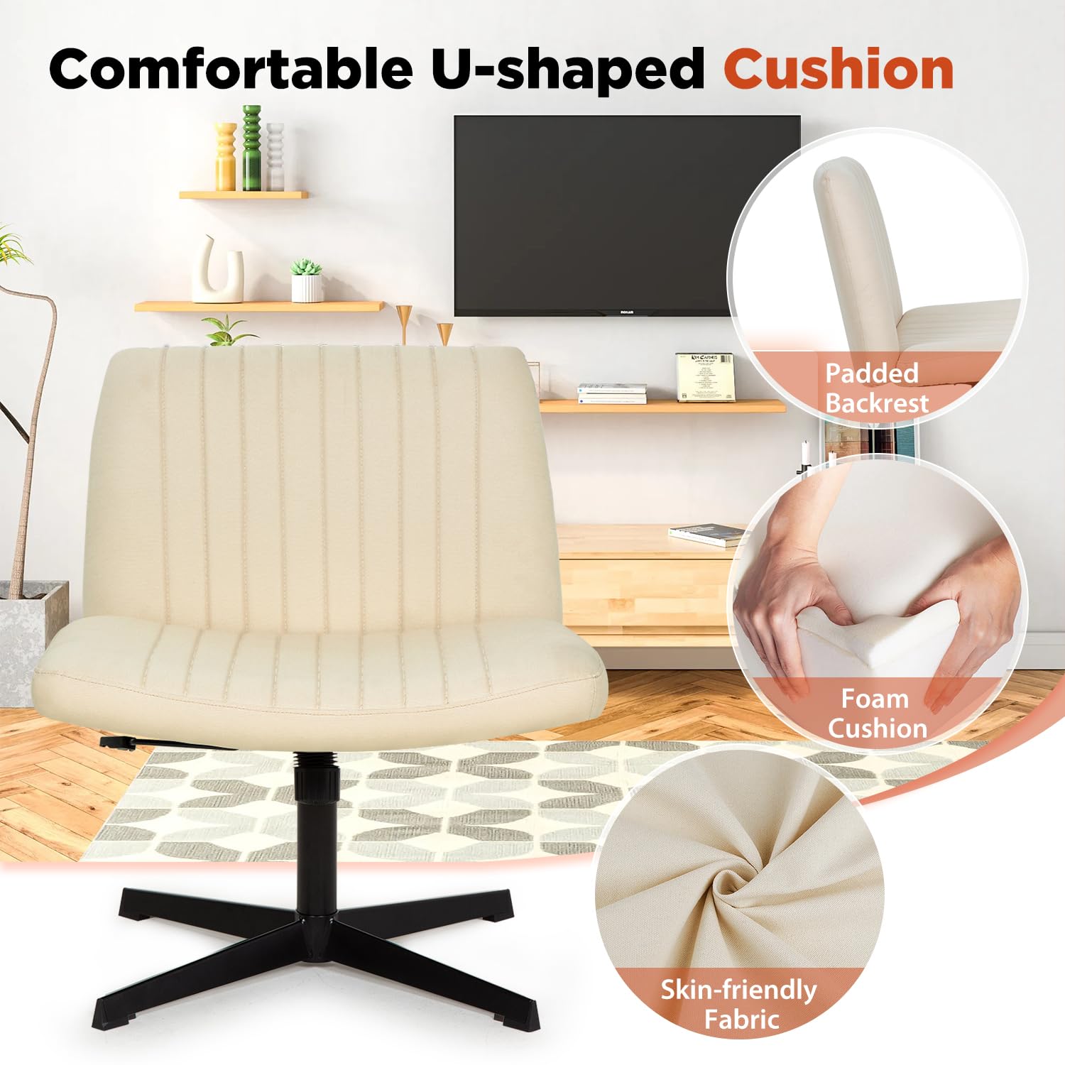 Criss Cross Chair, Armless Cross Legged Wide Comfty Desk Chair with No Wheels Modern Height Adjustable, Swivel Fabric Vanity Chair