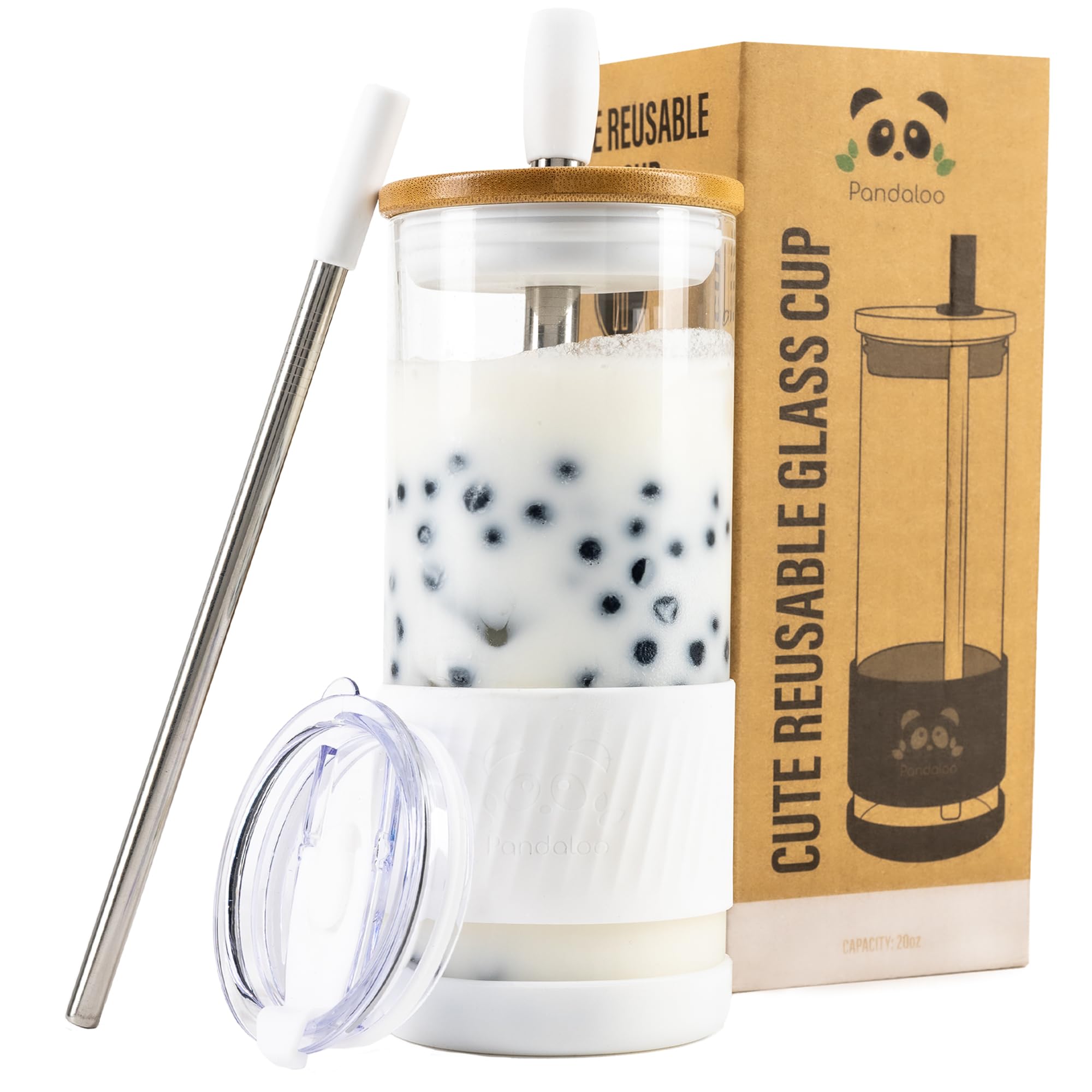 Pandaloo® Glass Cups With Lids and Straws -20 Fl Oz- Perfect Size Iced Coffee Cup - Smoothie Cup With Bamboo Lid and On the go Lid - Glass Tumbler With Straw