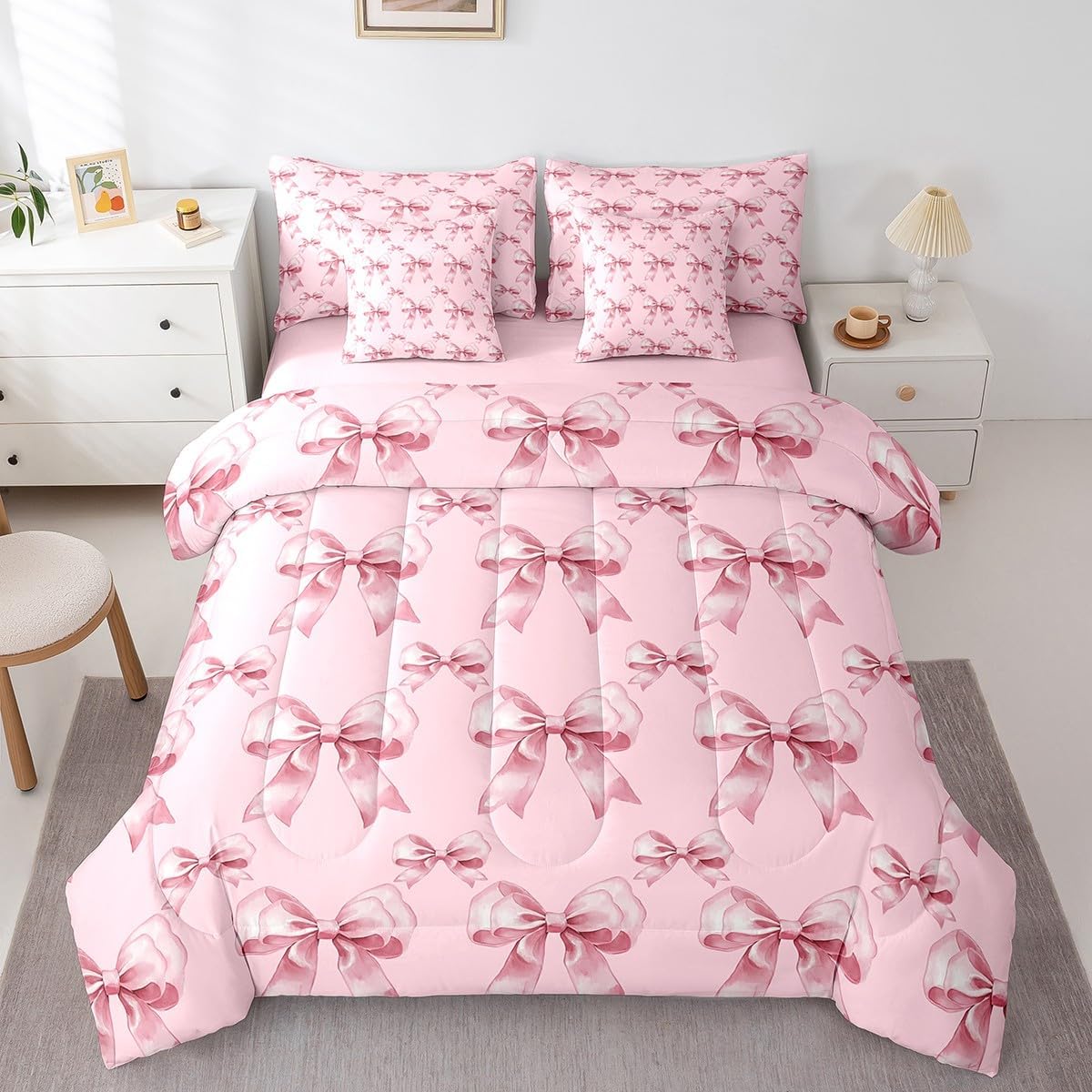Princess Style Pink Bowknot Comforter Bedding Set, Bow Tie Pink White Dreamy Fairy Tale Bow (Comforter+Fitted+Flat Sheet+2 Pillowcases+2 Throw Pillow Covers) 7 Pieces Bed Set
