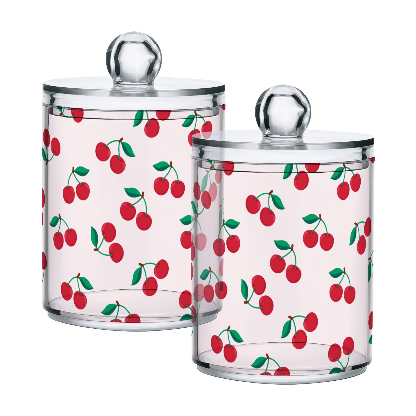 Cute Cherry Fruit Apothecary Jar with Lids - Qtip Holder Clear Plastic Containers Bathroom