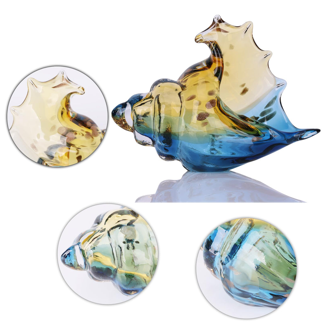 Hand Blown Glass Conch - Coastal Home Decor Conch Corners, Glass Art Conch Sculptures, Office Decor Blown Glass Art, Living Room Table Centerpieces, Bathroom Shelf Tops And Cabinet Decor