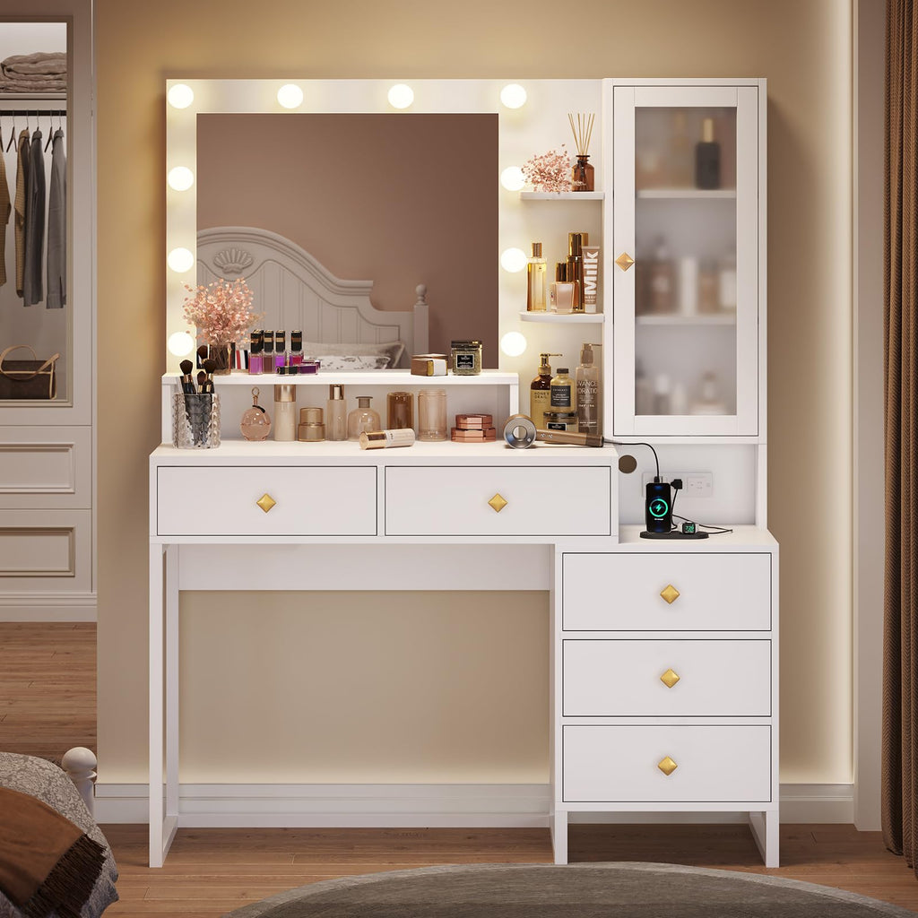 Vanity Desk with Mirror and Lights & Charging Station, White Vanity Table with 5 Storage Drawer & Glass Door & 3 Shelves