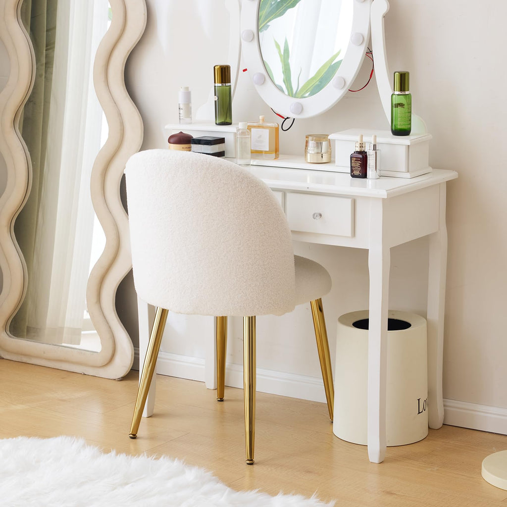 Cute, non-wheeled desk chair with backrest, fluffy cushion, cozy makeup chair with adjustable golden legs