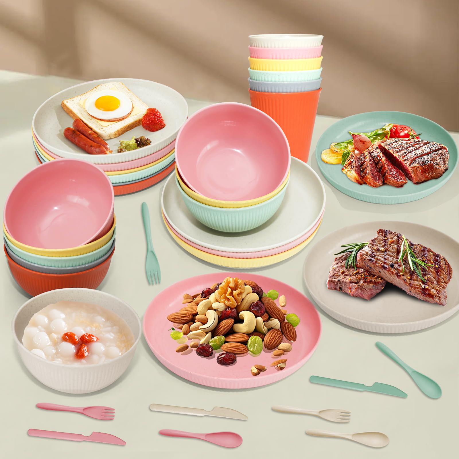 Wheat Straw Dinnerware Sets -36 Piece Unbreakable Dinnerware Sets for 6, Wheat Straw Plates and Bowls Set, Lightweight