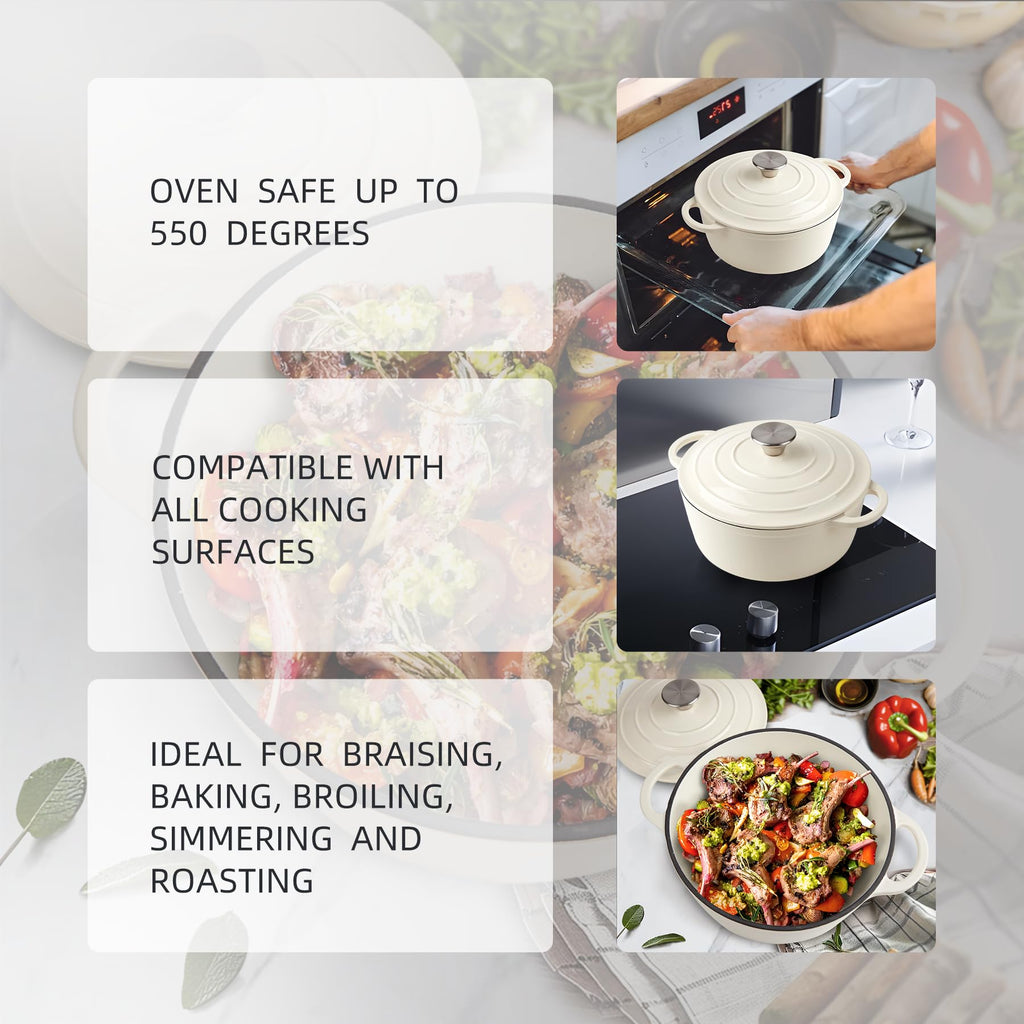 Enameled Cast Iron Dutch Oven with Lid - Big Dual Handles - Round Pot for Versatile Cooking 6 Quart