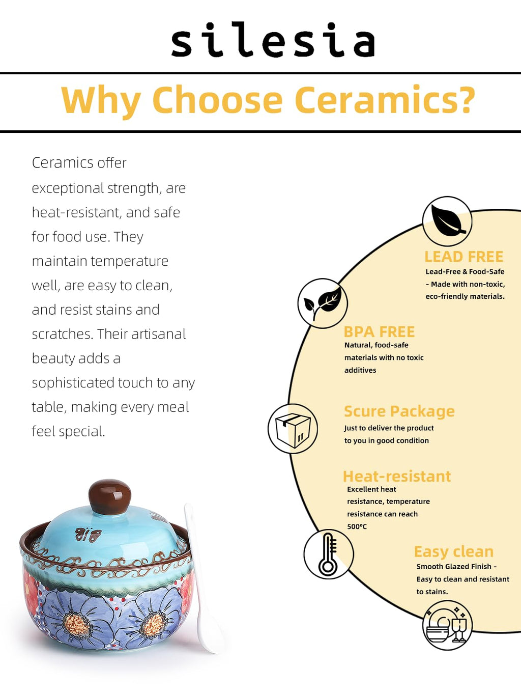 Handmade Sugar Bowl with Lid and Spoon, 10 Ounce Ceramic Hand-Painted Sugar Jar for Kitchen Oven, Dishwasher & Microwave Safe, Glazed