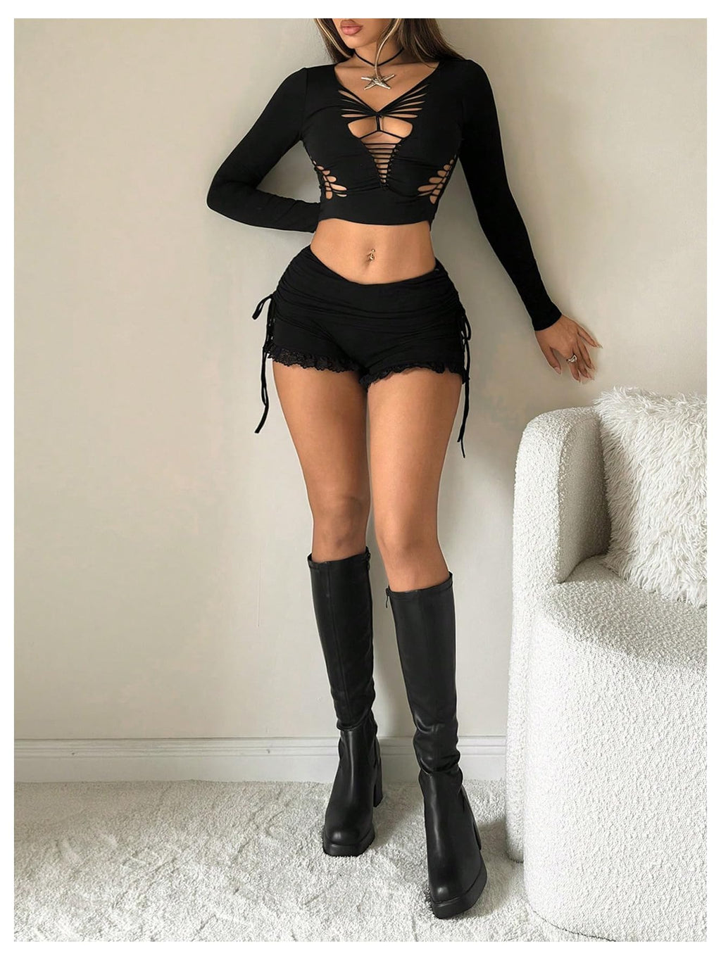 Women's Side Drawstring Lace Ruffle Shorts Y2K Ruched Low Rise Mini Stretchy Slim Fit Micro Shorts