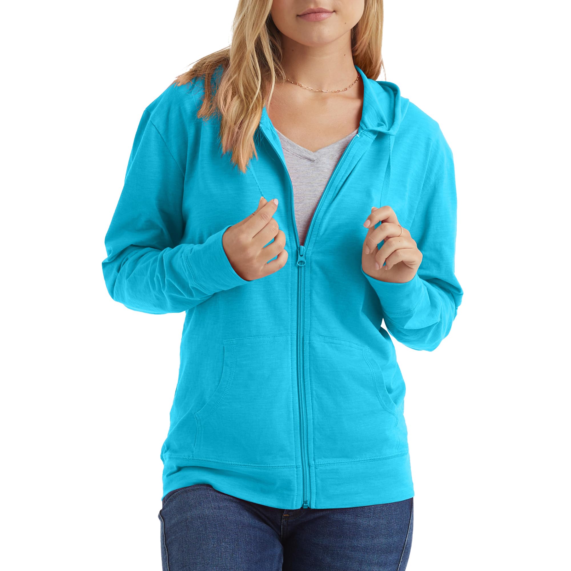 Women's Slub Knit Full-Zip Hoodie, Textured Cotton Zip-Up T-Shirt Hoodie