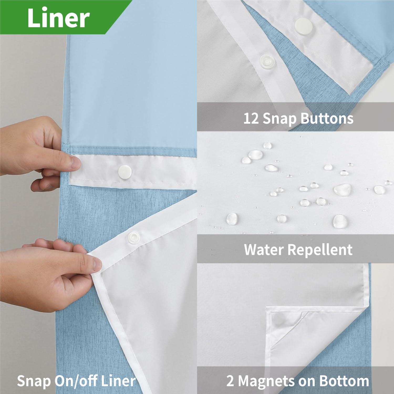 No Hooks Needed Linen Textured Shower Curtain with Snap-in Fabric Liner Set, Luxury Decor Shower Curtains for Bathroom with Mesh Top Window, Waterproof & Washable