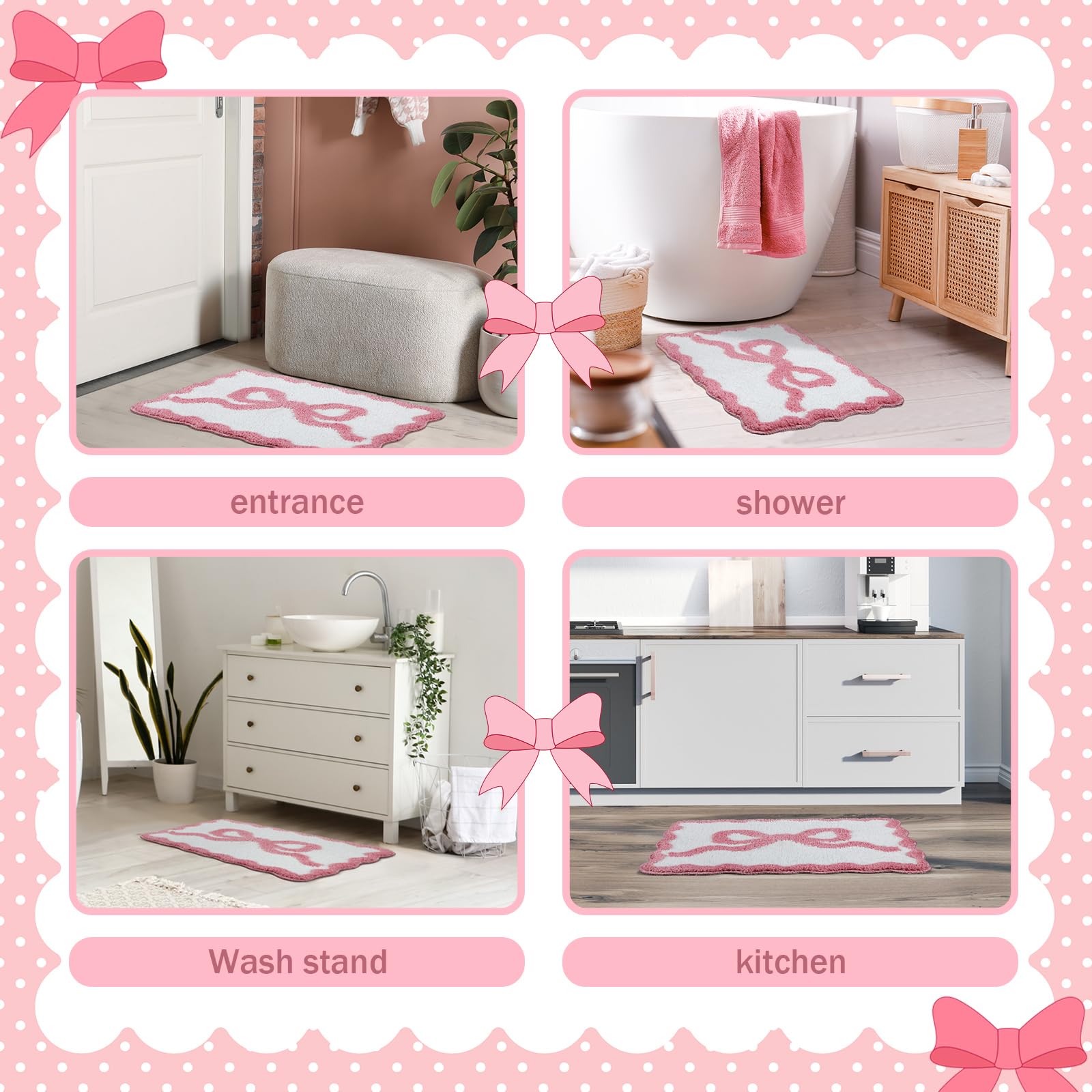 Scalloped Bow Bathroom Mat Non Slip Coquette Bow Rug Cute Aesthetic Scallop Carpet Preppy Room Decor Microfiber Absorbent Bath Rug for Bathroom Bathtub Shower Bedroom(Black,16" X 24")