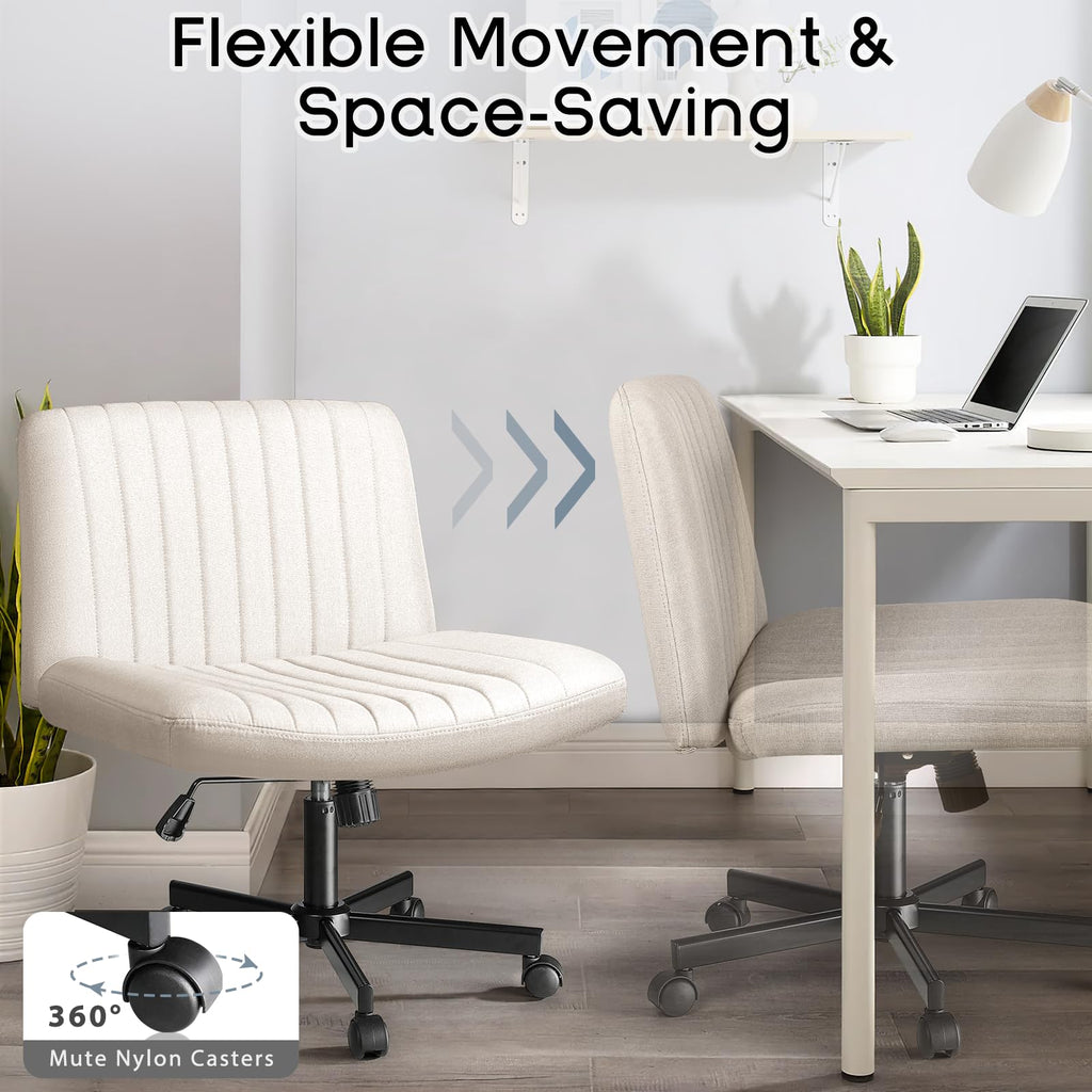 Criss Cross Chair, Armless Cross Legged Office Desk Chair No Wheels, Fabric Padded Modern Swivel Height Adjustable Mid Back Wide Seat