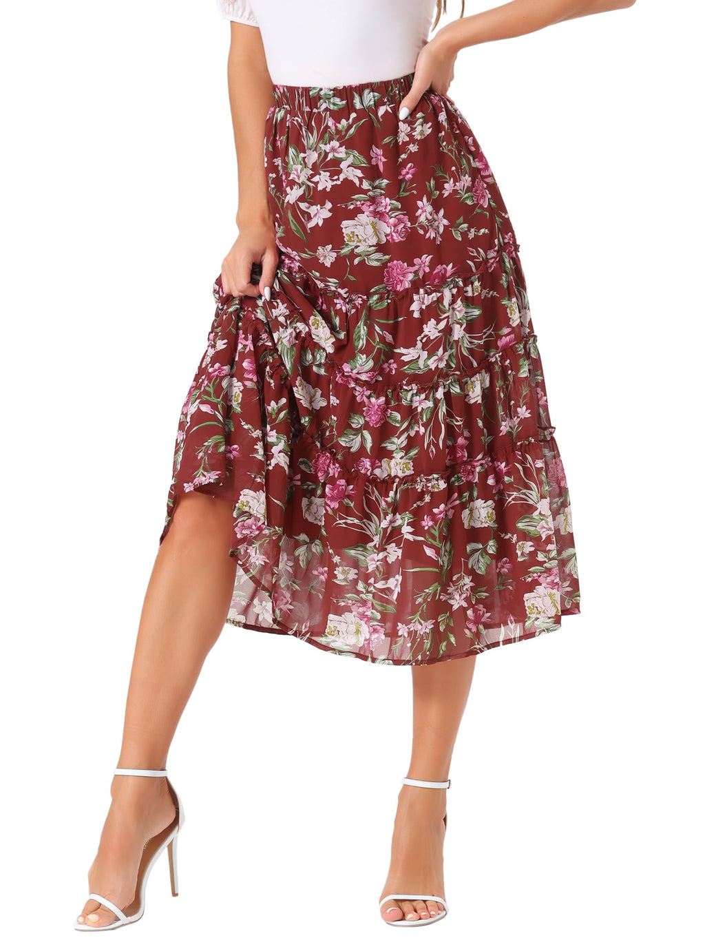 Women's Floral Skirt Chiffon A-line Long Tiered Ruffle Boho