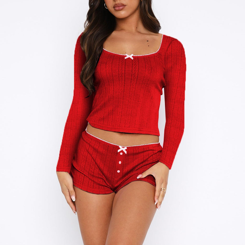 Women's Two Piece Outfit Lace Trim Top and Shorts Set 2 Piece Lounge Sets Ladies PJs Summer Clothes