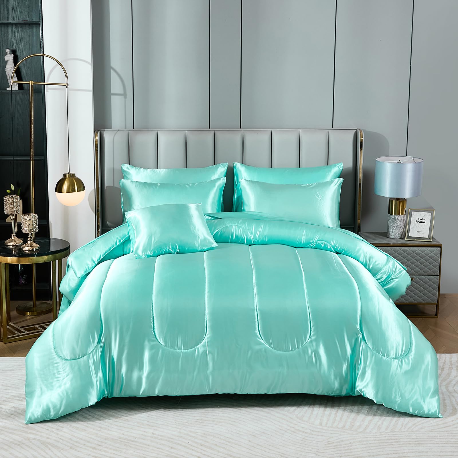 Satin Comforter Set with Sheet Set Full Silk Like Hot Pink Bed in a Bag Luxury Silky Bedding with 1 Comforter, 1 Flat Sheet, 1 Fitted Sheet, 4 Pillowcases, 1 Cushion Cover (Full, Hot Pink)