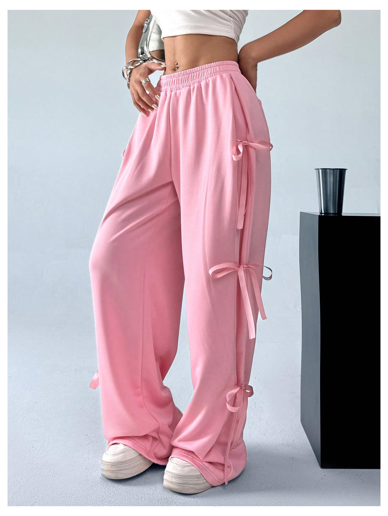 Women's Bow Wide Leg Sweatpants Elastic Waist Casual Baggy Pants with Pocket