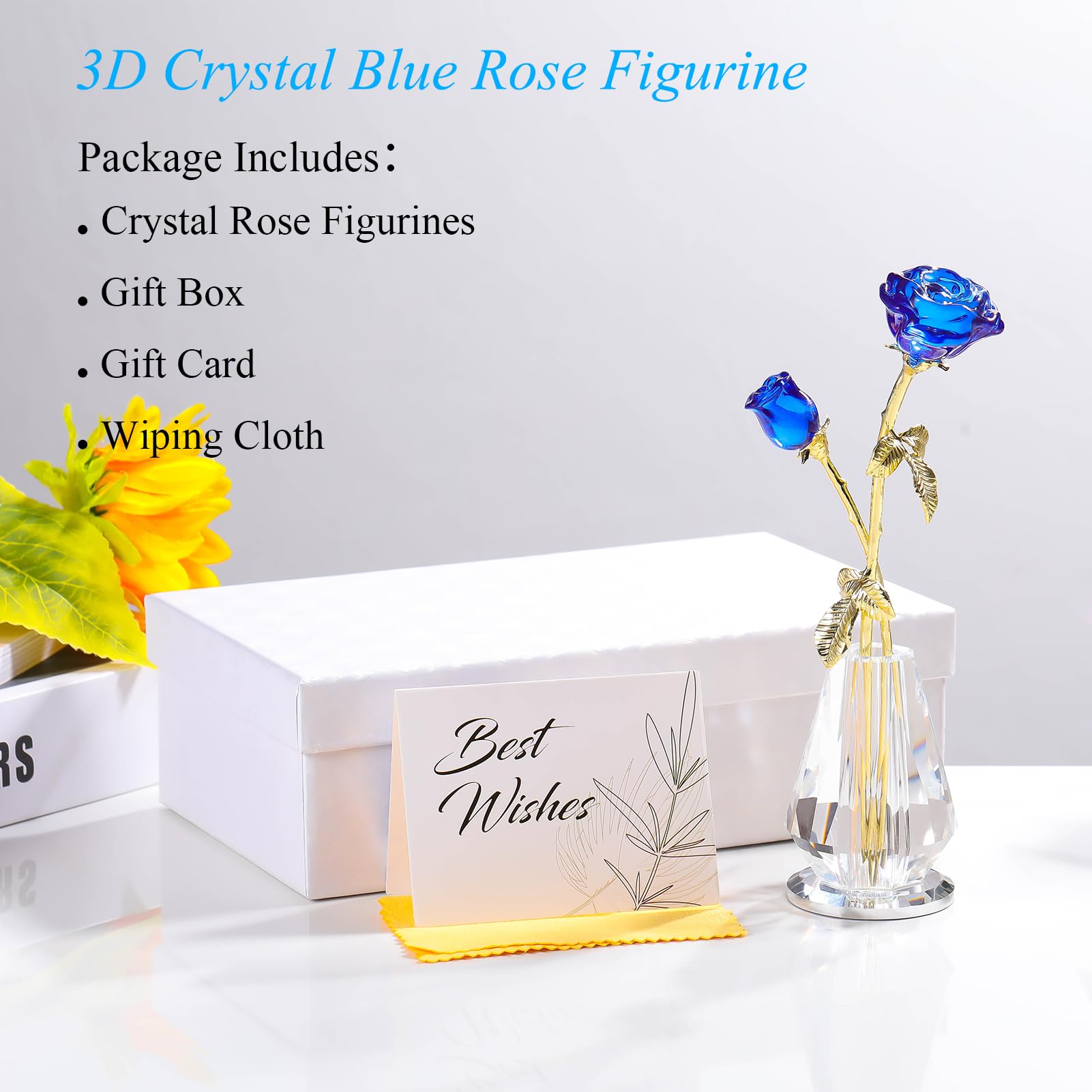 Crystal Rose Flowers Figurines Home Decor, Glass Roses with Stems