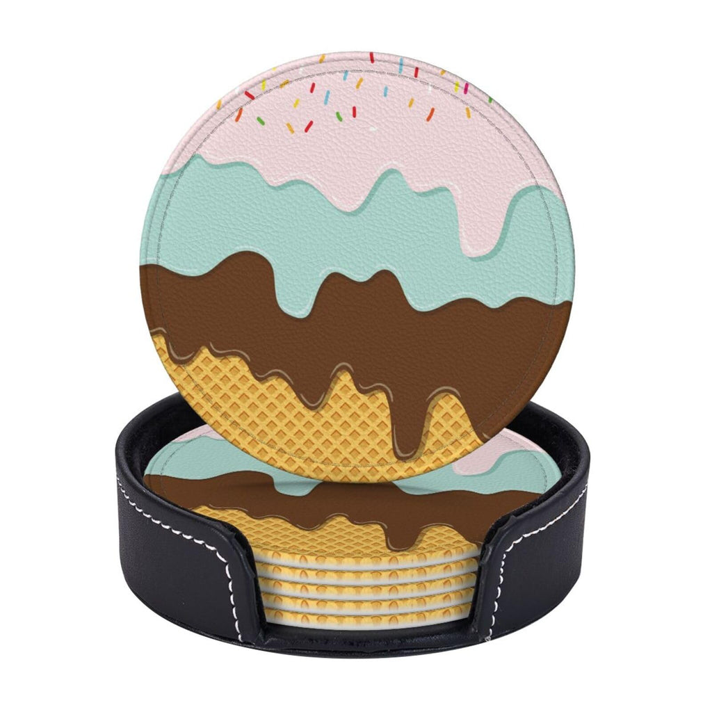 Coasters for Drinks Round Leather Coaster with Holder Set of 6 for Tabletop Protection