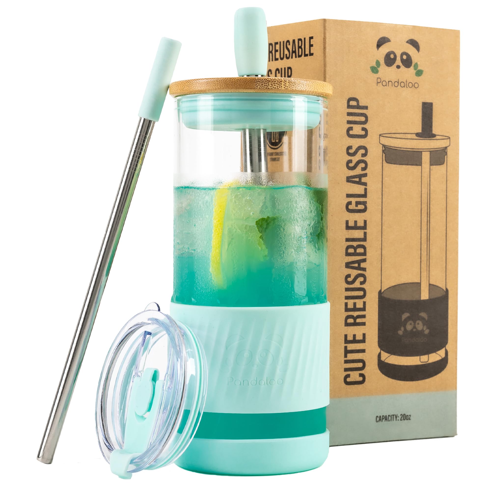 Pandaloo® Glass Cups With Lids and Straws -20 Fl Oz- Perfect Size Iced Coffee Cup - Smoothie Cup With Bamboo Lid and On the go Lid - Glass Tumbler With Straw
