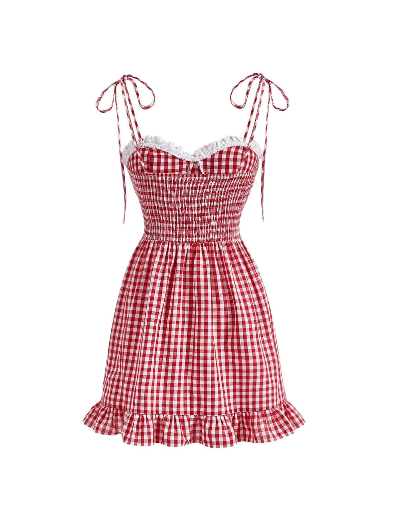 Women's Gingham Print tie Shoulder Sleeveless Ruffle Hem Cami Dress