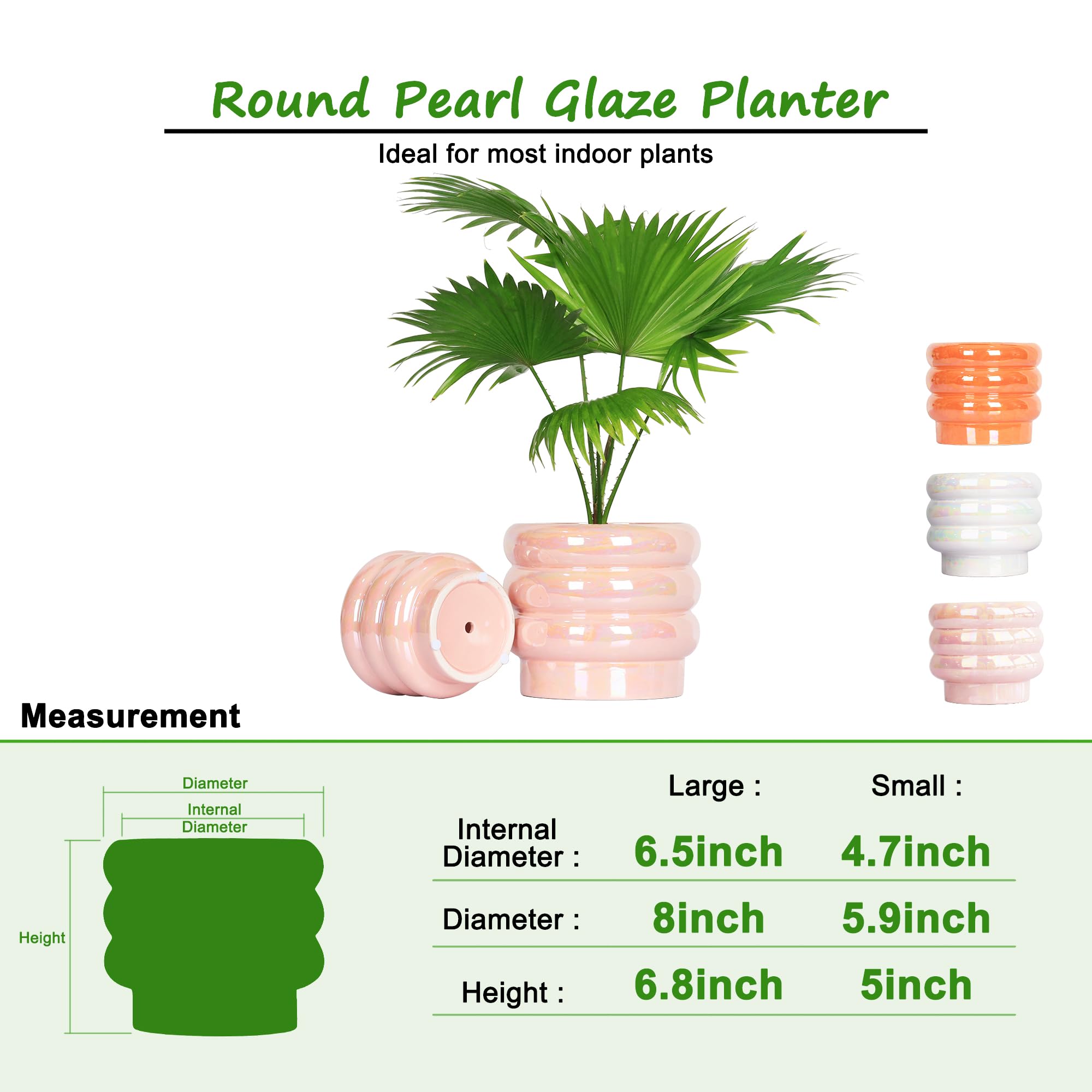 Ceramic Plant Pots for Indoor Plants, Rainbow Pearl Glaze Planter with Planters for Plants with Drainage Hole