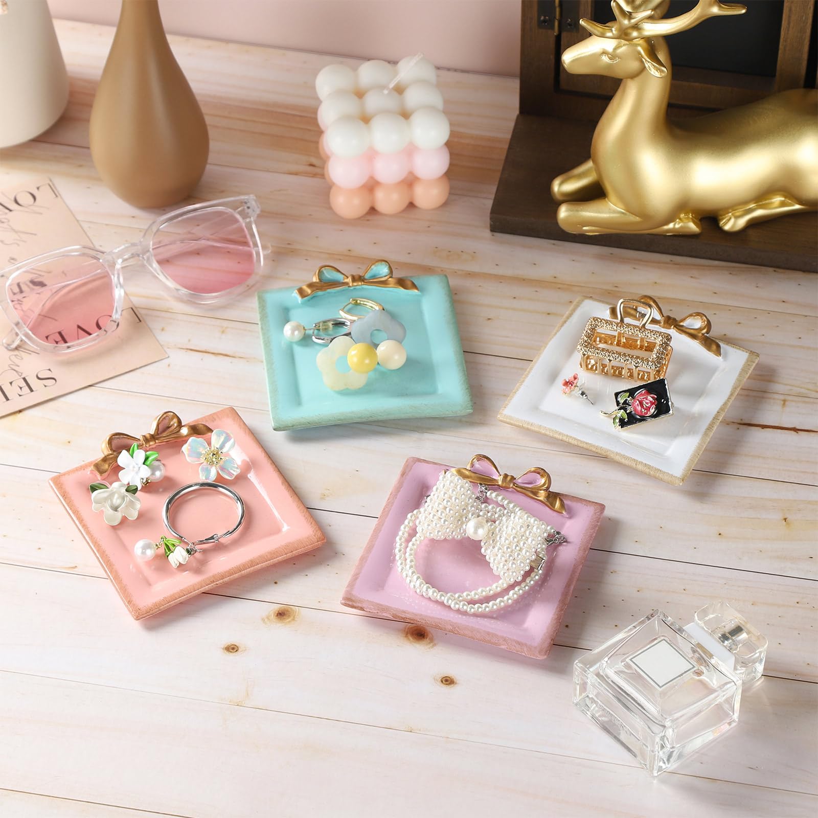 Vintage Bow-Knot Trinket Dish for Bedroom Vintage Square Vanity Tray for Dresser Purple Jewelry Dish Tray for Rings Bracelets Earrings