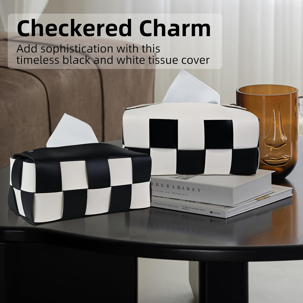 PU Leather Tissue Box Holder with Metal Buckle, Checkered Tissue Box, Decorative Organizer