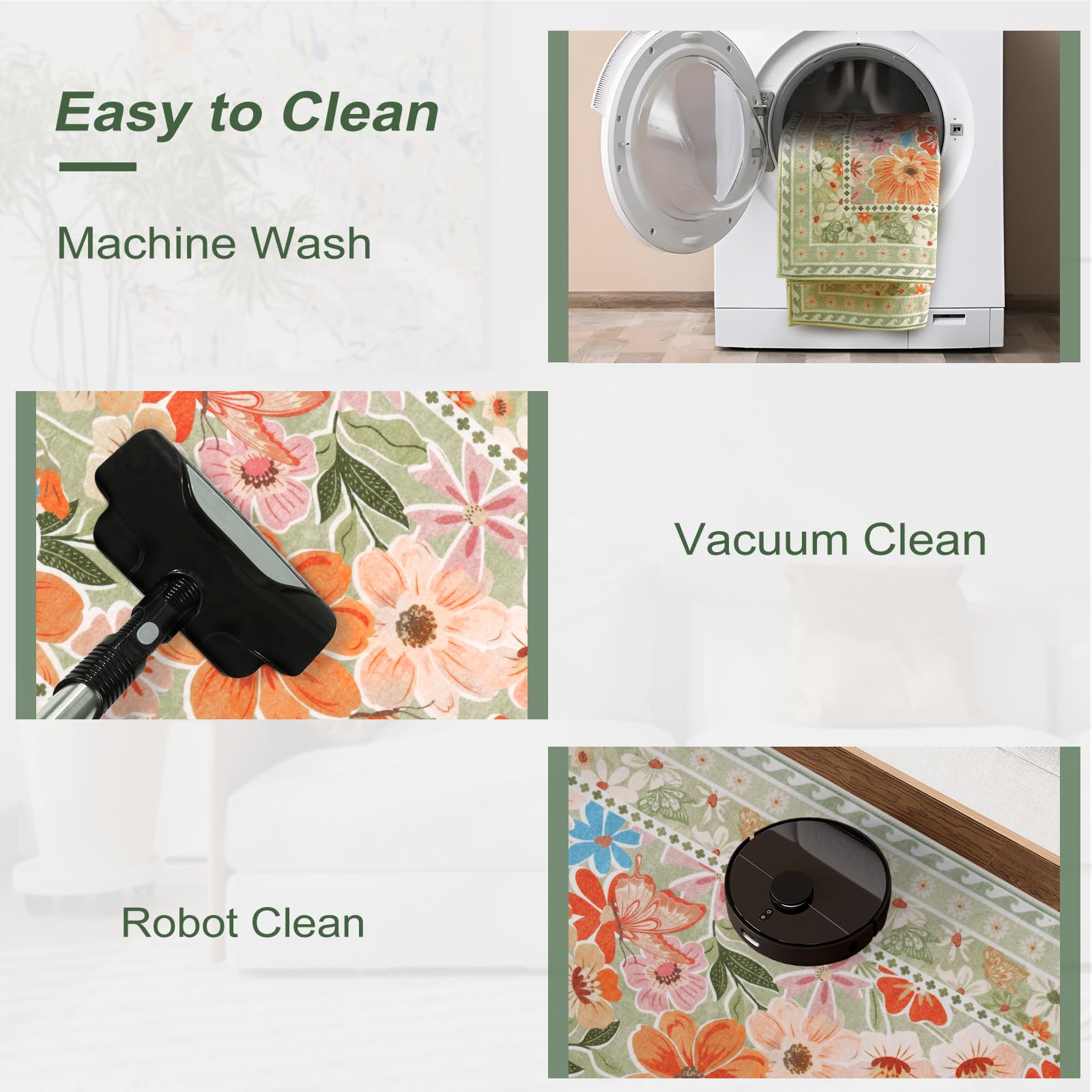 Floral Hallway Runner Rug, Runner Rugs Non Skid Washable, Low Pile Soft Boho Rugs