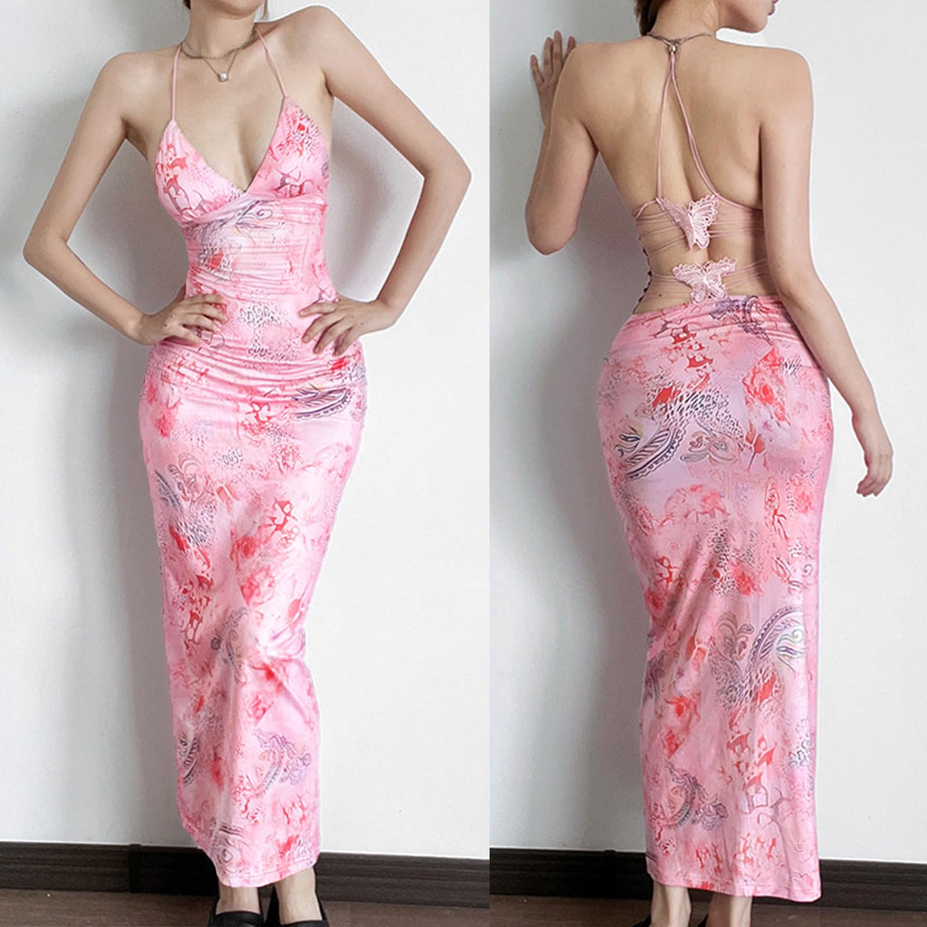 Women Backless Butterfly Dress Sexy V Neck Sleeveless Open Back Maxi Dress