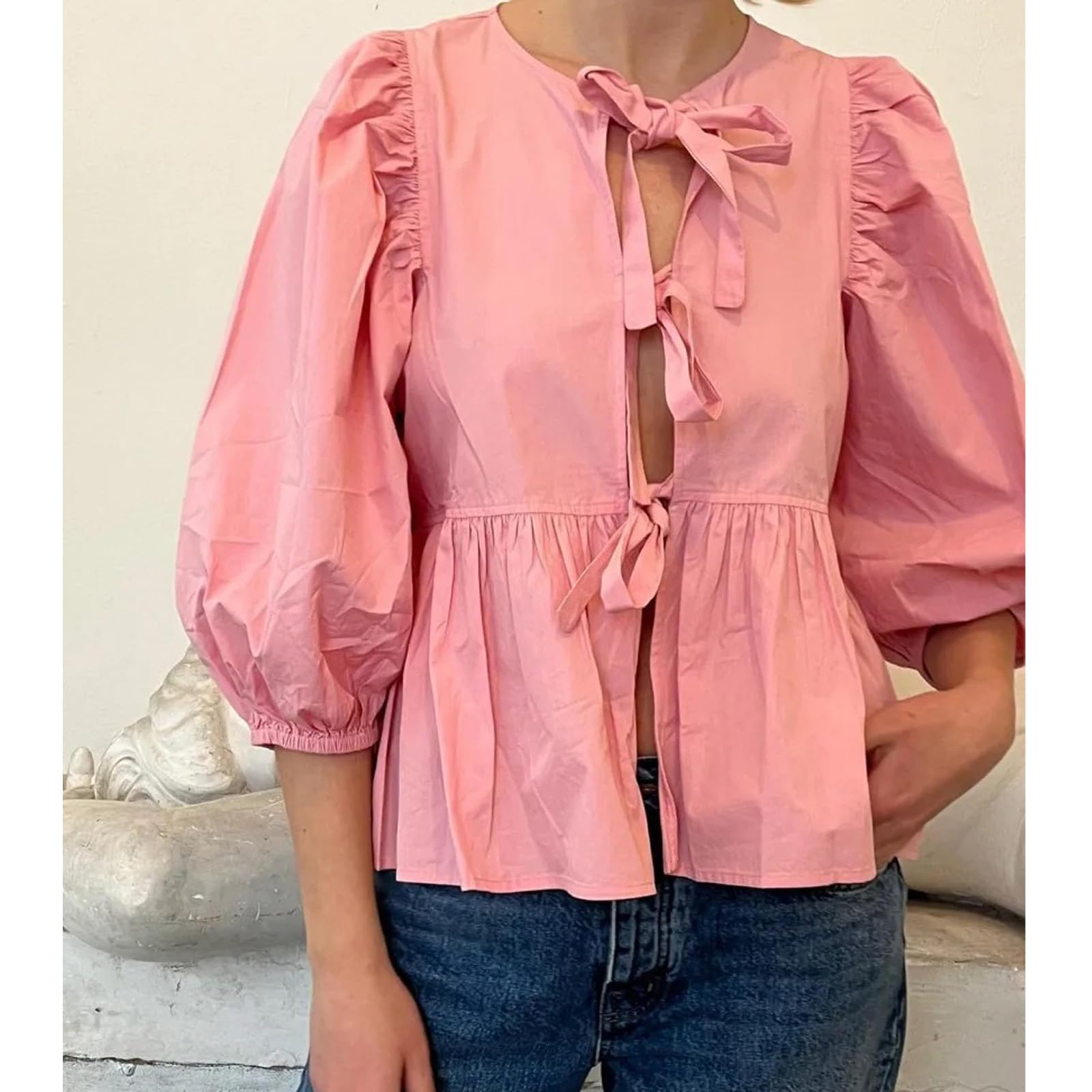 Tie Front Tops Womens Y2k Print Peplum Babydoll Top 3/4 Length Puff Sleeve Coquette Cute Going Out Tops