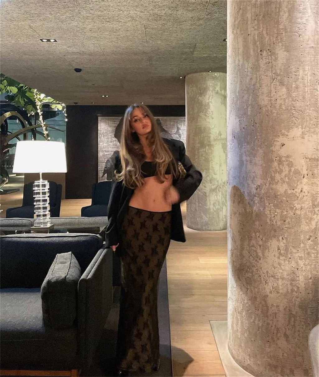 Women Sexy Y2K Maxi Skirt Set Strapless Bodycon Lace Tube Top See Through 2 Piece Outfits Summer Party Wear Dress