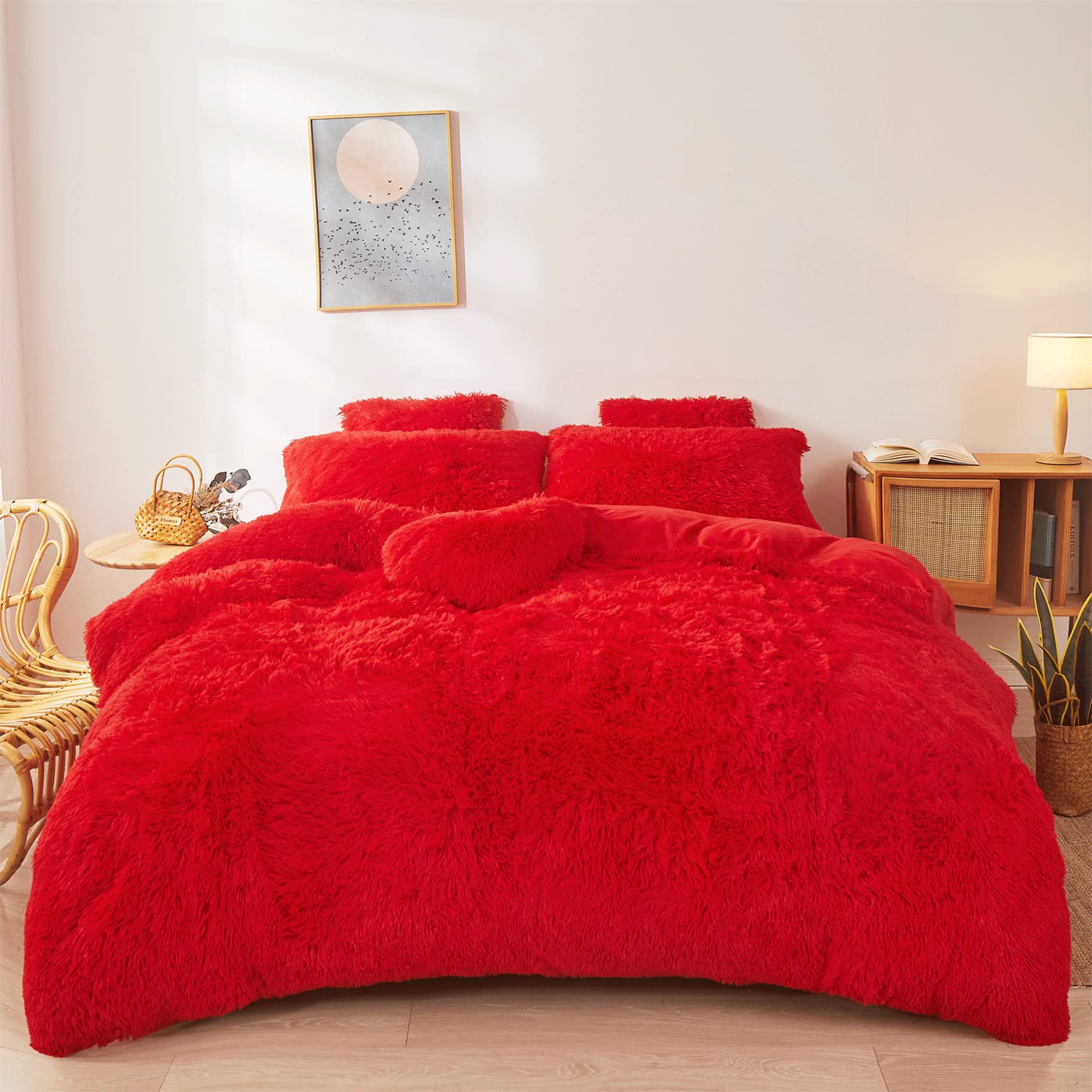 Fluffy Faux Fur Comforter Cover Set Queen - Ultra Soft Plush Bedding Sets 3 Pieces (1 Fluffy Duvet Cover + 2 Faux Fur Pillow case) Cute Bed Set