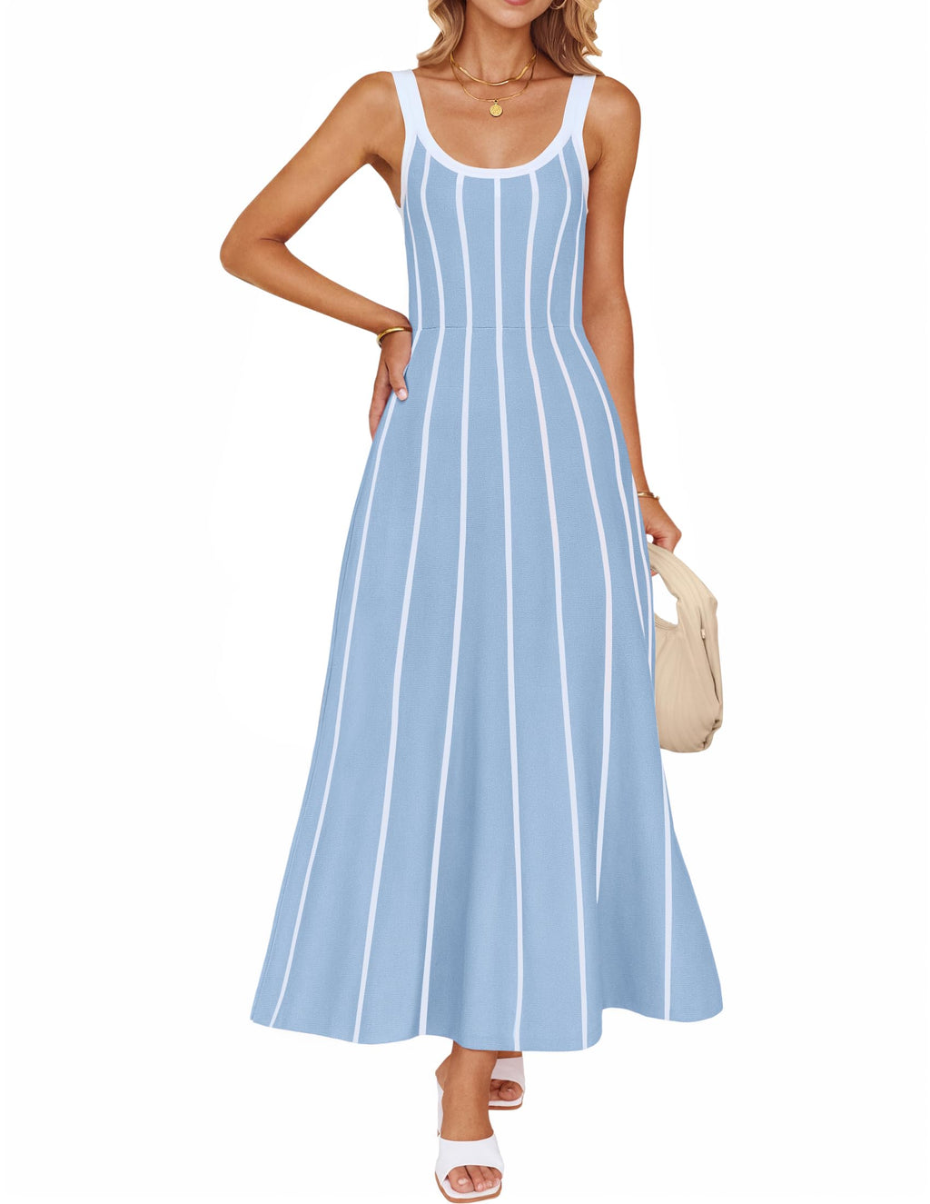 Wome's Summer Sleeveless Striped Midi Dress 2025 Knit Casual Elegant A Line Swing Long Dresses