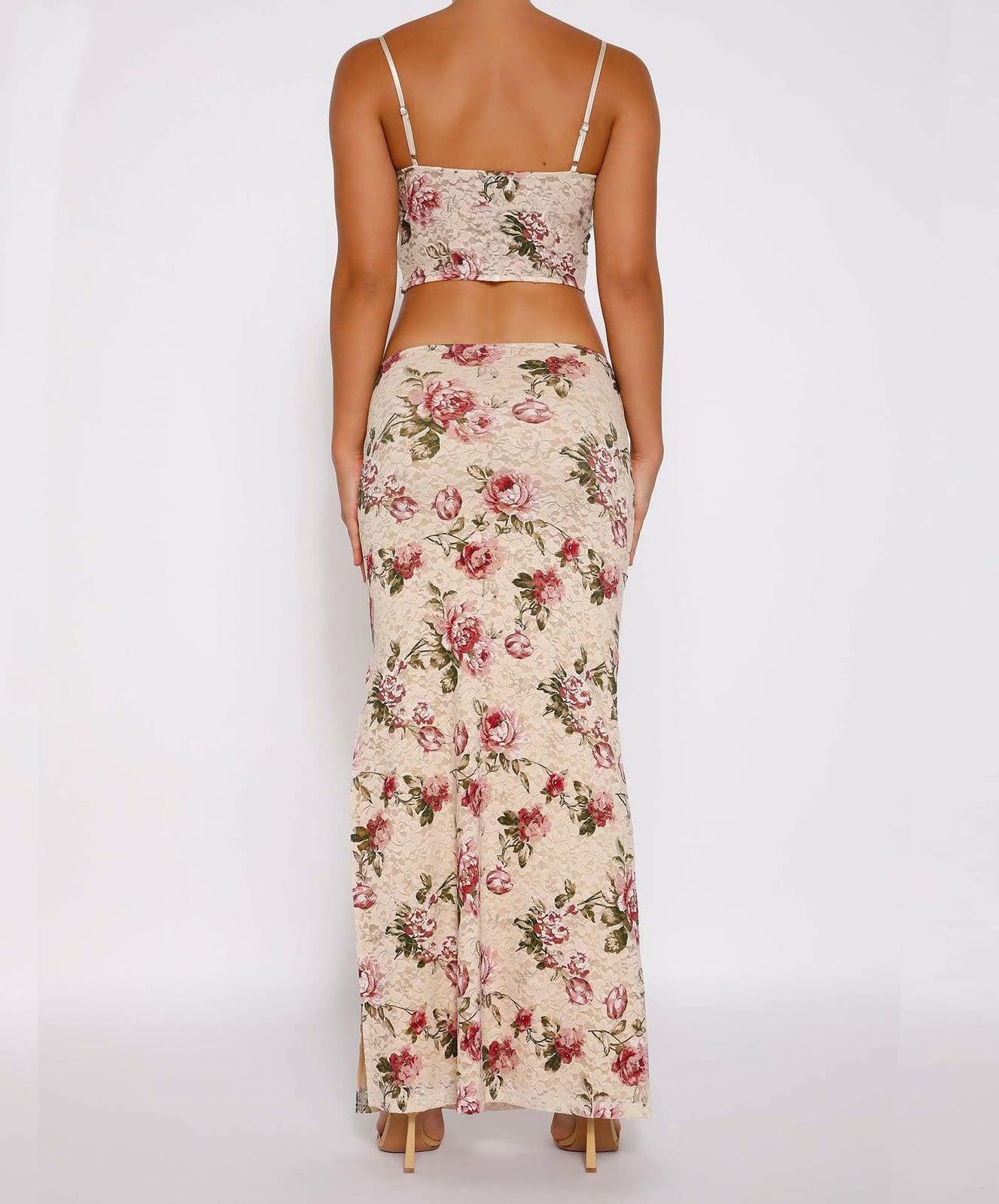 Women Y2K 2 Piece Long Skirt Set V Neck Halter Crop Top Off Shoulder Slim Fit Tube Top Split Maxi Skirts Outfit