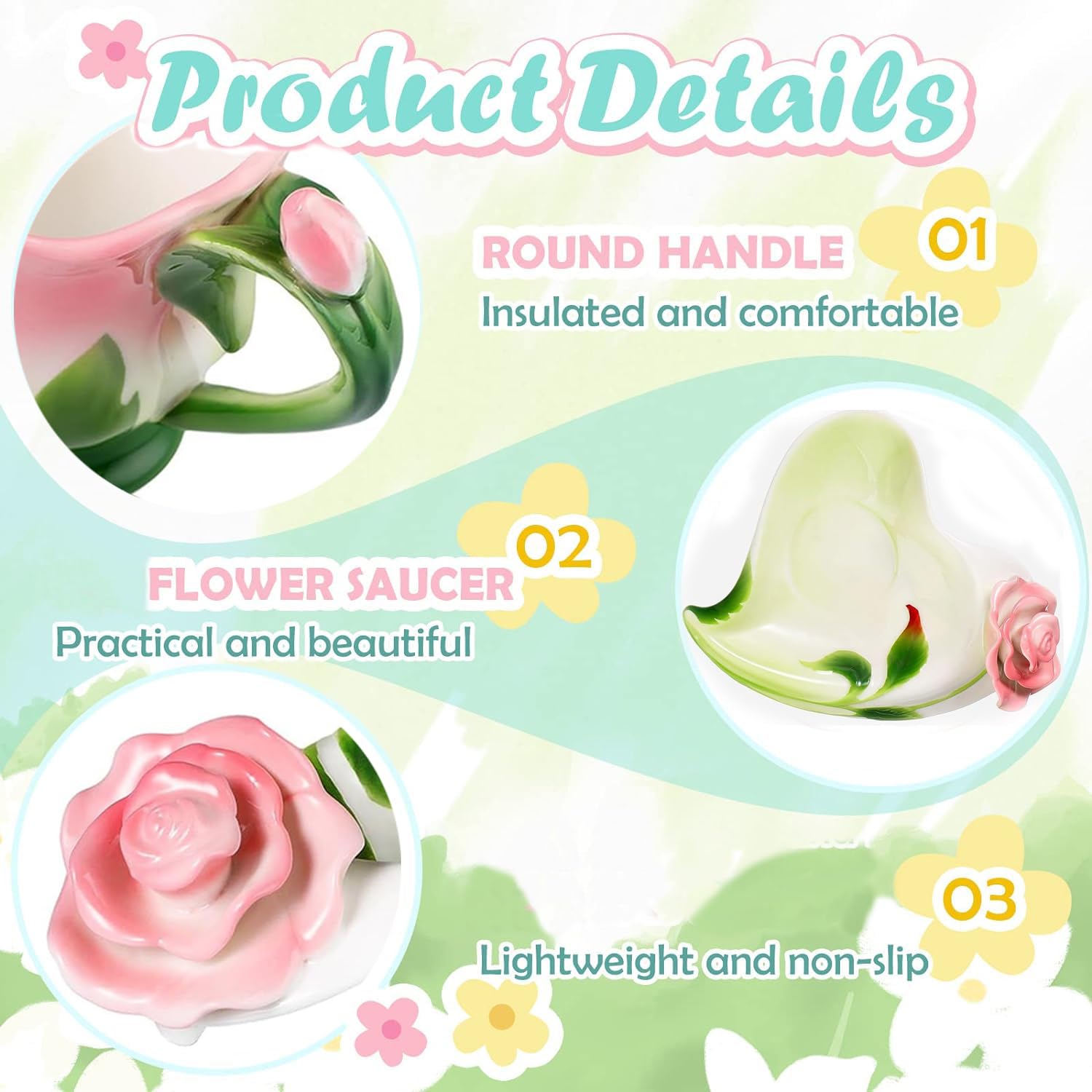 Rose Tea Cup and Saucer -  Set for 1 Ceramic Hand Crafted Rose Flower Cup, 6 Oz