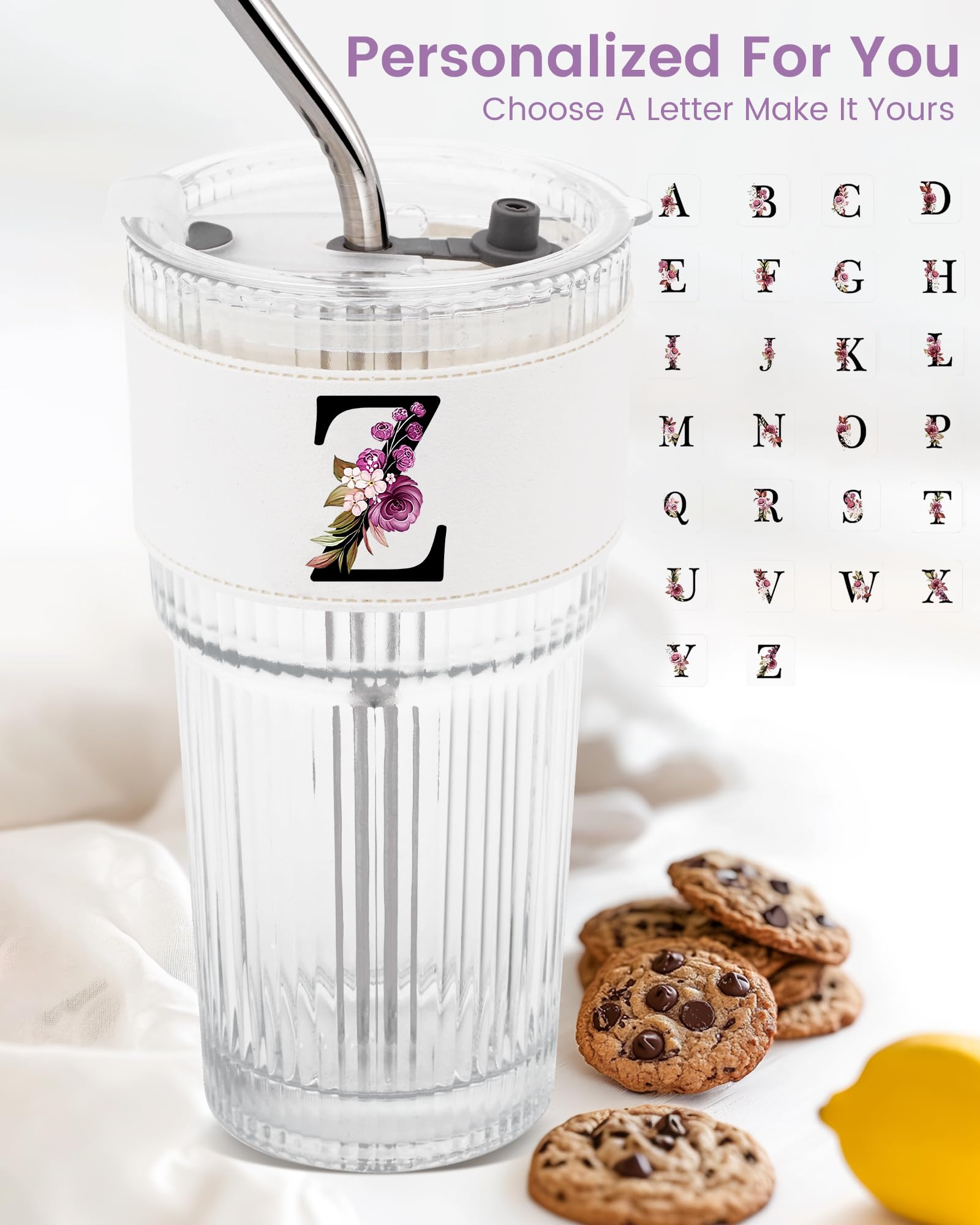 Initial Glass Cup with Lid Straw Ribbed Ice Tea Clear Tumbler Her Sister Coffee Matcha Latte Girlfriend Gf Aunt Best Friend Friendship Bestie Wife Cute Asthetic Unique Birthday Personalized Gift K