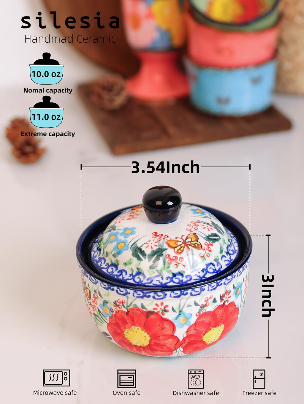 Handmade Sugar Bowl with Lid and Spoon, 10 Ounce Ceramic Hand-Painted Sugar Jar for Kitchen Oven, Dishwasher & Microwave Safe, Glazed