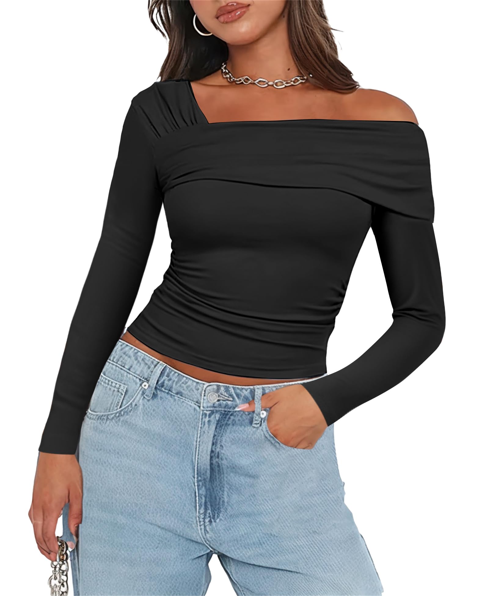 Women's One Off The Shoulder Top - Short Sleeve Ruched Going Out Crop Top Slim Fit Y2K T Shirt