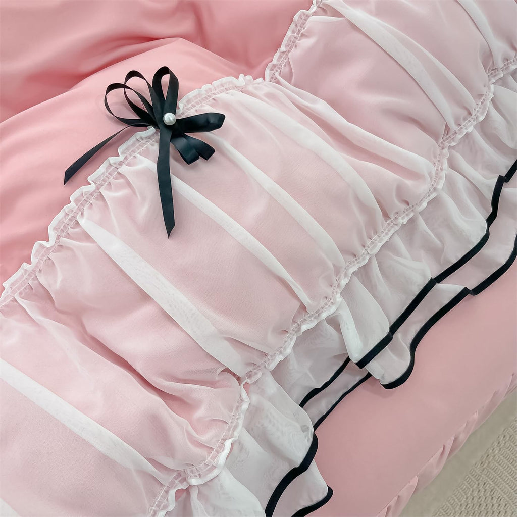 Duvet Cover Ruffle Beddding Set with Bowtie - 3 Pieces Comforter Cover Set with Zipper Closure & Pillowcase - Comforter Not Included